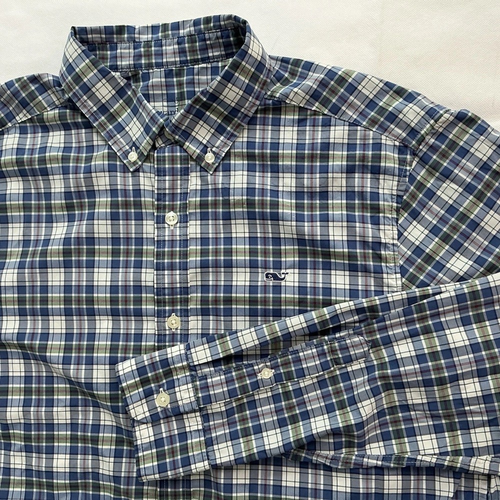 Vineyard Vines Performance Whale Shirt Mens Large Blue Gray Plaid Button Down